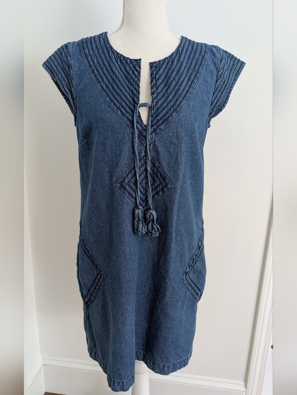 Calypso St Barth mini denim embroidered dress with tassels, Sz xs